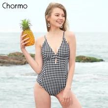 Charmo классический черный плед Монокини Женская одна деталь купальник в горошек печатных купальники для малышек пикантные ванный комплект