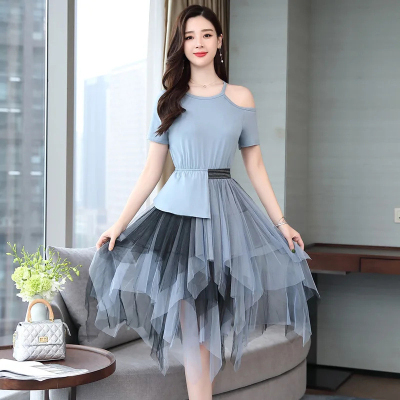 

High Quality Large Size Women Clothing 2019 Summer New Fashion Temperament Dress Sloping Shoulder Irregularity Sexy Vestidos
