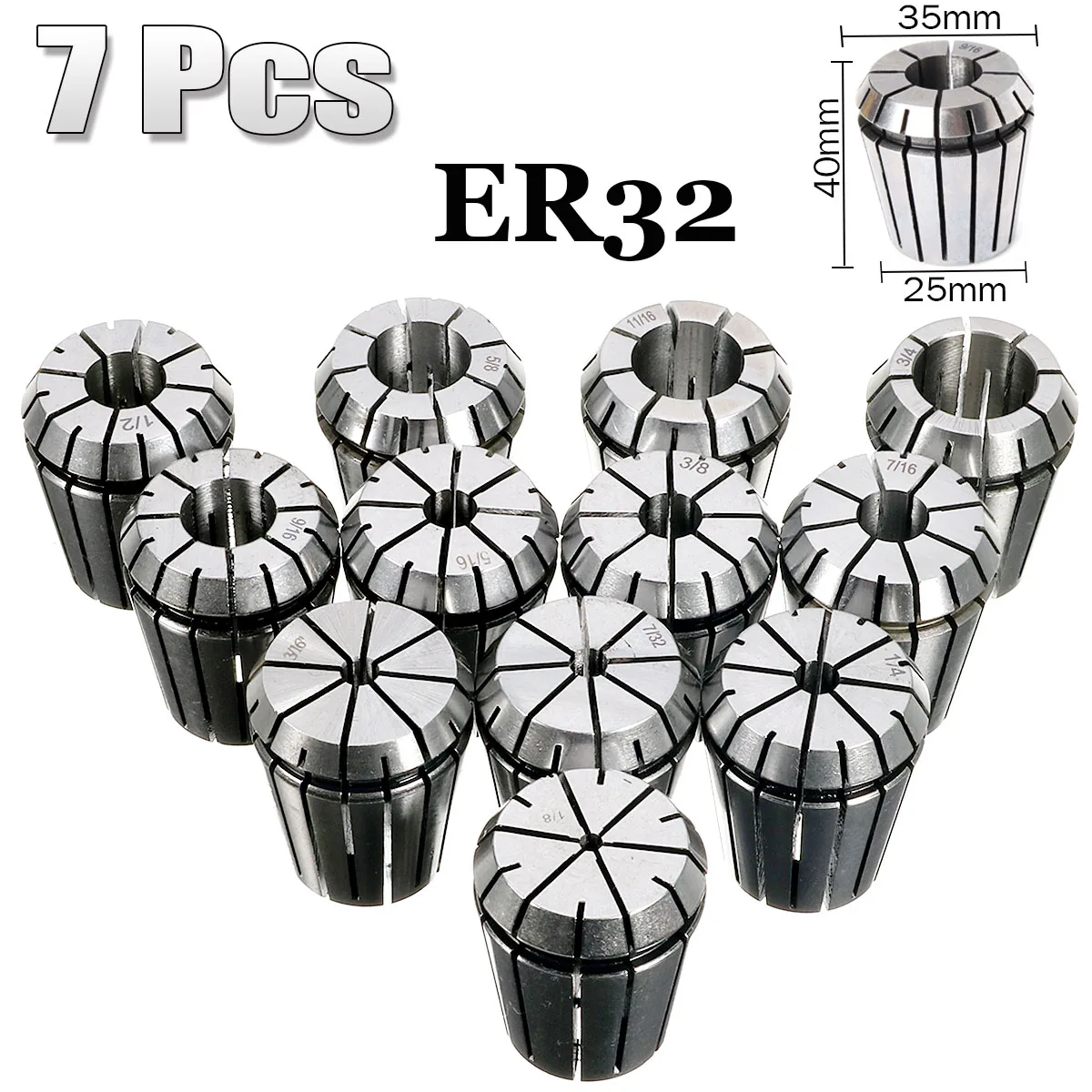 

NEW 7Pcs CNC Precision Collets ER-32 Set 3/16 1/4 5/16 3/8 1/2 9/16 3/4" ER32 Collets Freeshipping CNC Collets