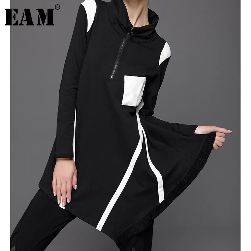 

[EAM] 2019 New Spring Solid Color Stand Collar Long Sleeve Irregular Split Joint Loose Sweatshirt Women Fashion TideJC68100M