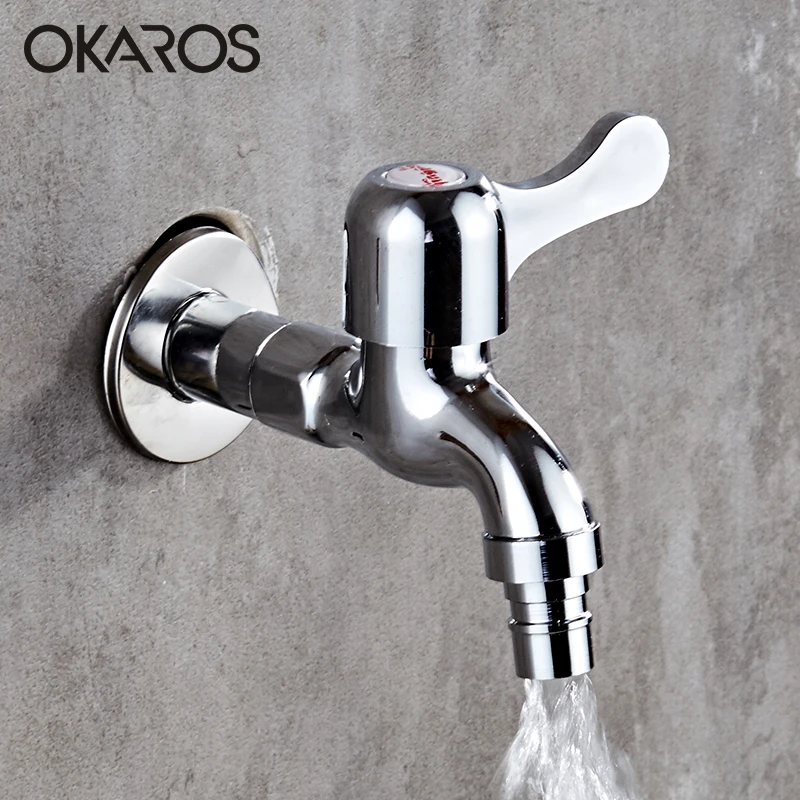 OKAROS Brass Wall Mount Chrome Finished Big Tap Decorative Double Garden Faucet Washing Machine