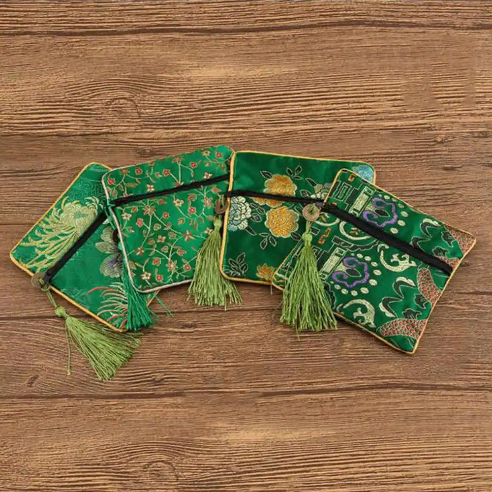 1 шт. Подарочный кошелек на молнии ручной работы с кисточкой в китайском стиле, Шелковый парчовый мешочек для ювелирных изделий, брелок, расческа, косметичка для хранения - Цвет: green
