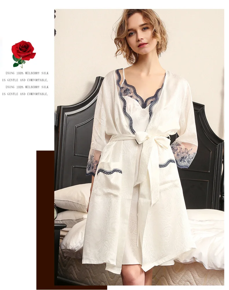 Шелк сна вечерний комплект с платьем Белый Лето 2019 Для женщин банный халат комплекты из 2 предметов сексуальные кружева 100% шелковые одежда