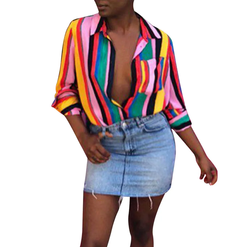 

Long Sleeve Tops For Womens Tops and Blouses 2018 Streetwear Striped V Neck Shirts Sexy Rainbow Ladies Top Clothes Womens
