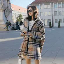 Верхняя одежда женский длинный стиль корейский свободный с капюшоном Темперамент популярное клетчатое пальто