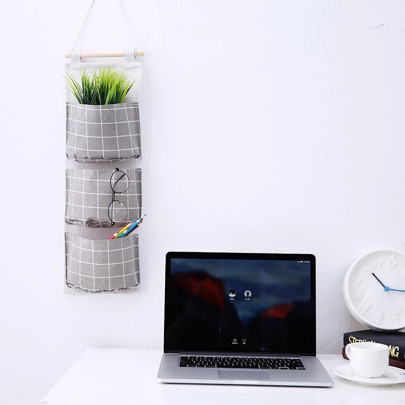 

New Organizer Foldable Plaid Hanging Pocket Storage Bag Bonsai Phone Hang Wall Home Dormitory Hanging Organizador 2019 Hot