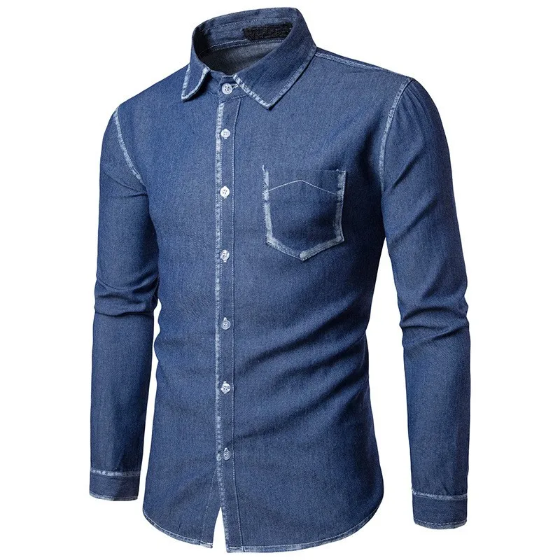 Mens Denim Shirt Casual Slim Fit Long Sleeve Jeans Shirt Men High ...