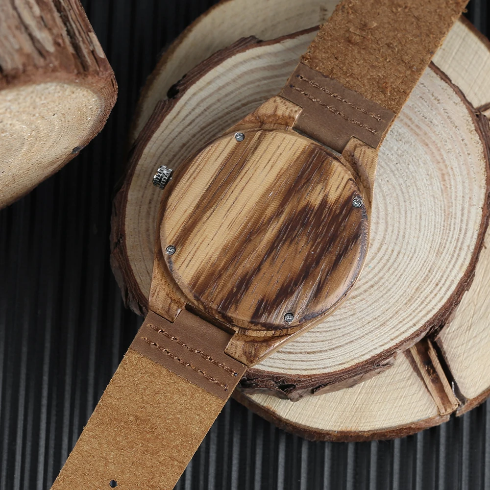 Natural Bamboo Wood Wrist Watch Special Marble Dial Bangle Quartz Watches Genuine Leather Watch Strap Men Women Clock Relogio (12)