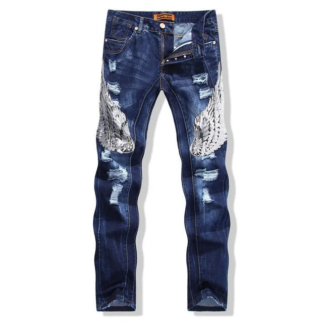Ripped Jeans Brand New 2015 Men Designer Deans Patch Eagle
