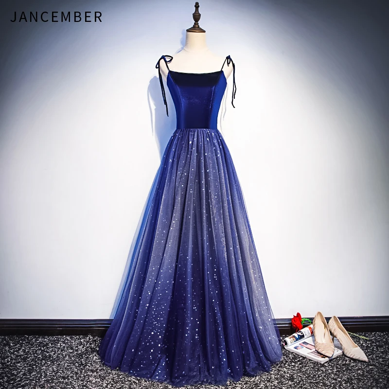 

JANCEMBER 2019 Latest Light Luxury Evening Dress Square Collar Spaghetti Strap Backless Lace Up Back Sequins dubai evening dress
