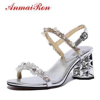 

ANMAIRON Summer Shoes Women Open Toe High Heels Ladies Sandals Women Rhinestone Strappy Crystal Sandals Female Pink Silve Shoes
