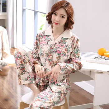 

New Autumn 100%Cotton Floral Long Sleeve Turn-down Collar Pajamas Set For Women Cardigan Elegant Plus Size M-4XL Female Pyjamas
