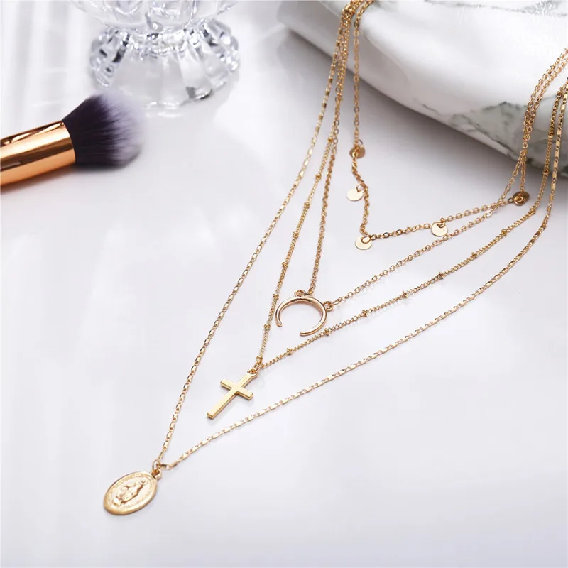 Модное золотое ожерелье с гравировкой, медальон, монета для женщин, бохо, винтажное многослойное длинное ожерелье, колье, колье