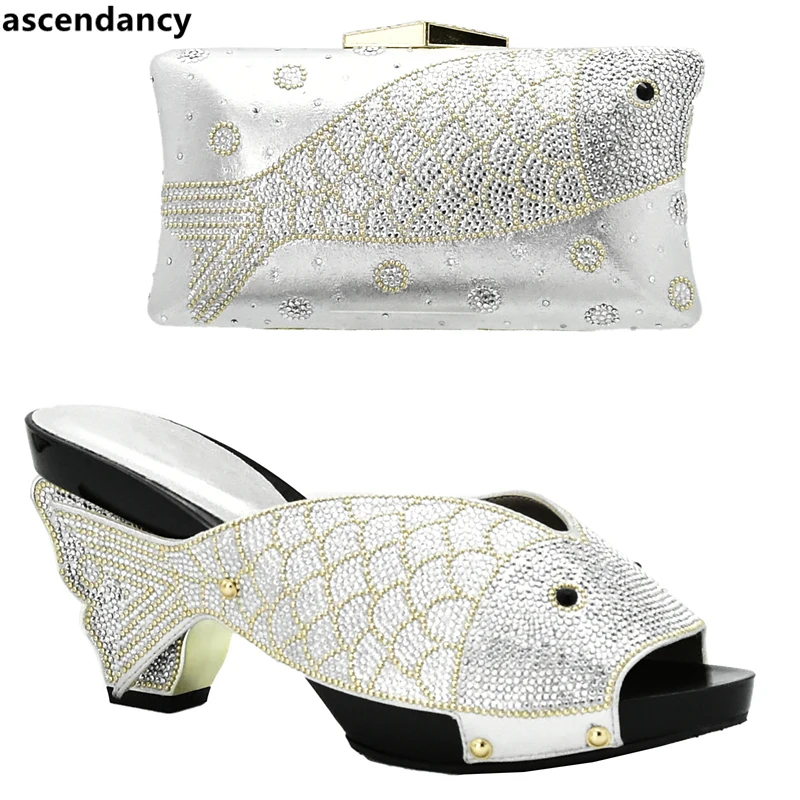 

New Arrival Sliver Color Italian Shoes with Matching Bags for Wedding Italy Shoes and Bags To Match African Women Shoes Bags Set