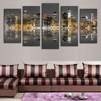 

Art Painting HD Printed Modular Canvas Framed Poster 5 Pieces Night View High-Rise Buildings Reflection Home Decor Wall Pictures