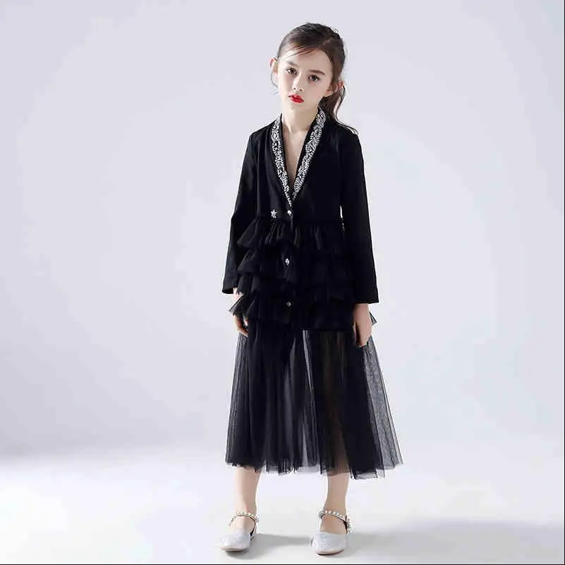 

High-end children dress Lapel collar bright diamond mesh spliced princess dress Catwalk evening Gown Modis kids vestidos Y1632