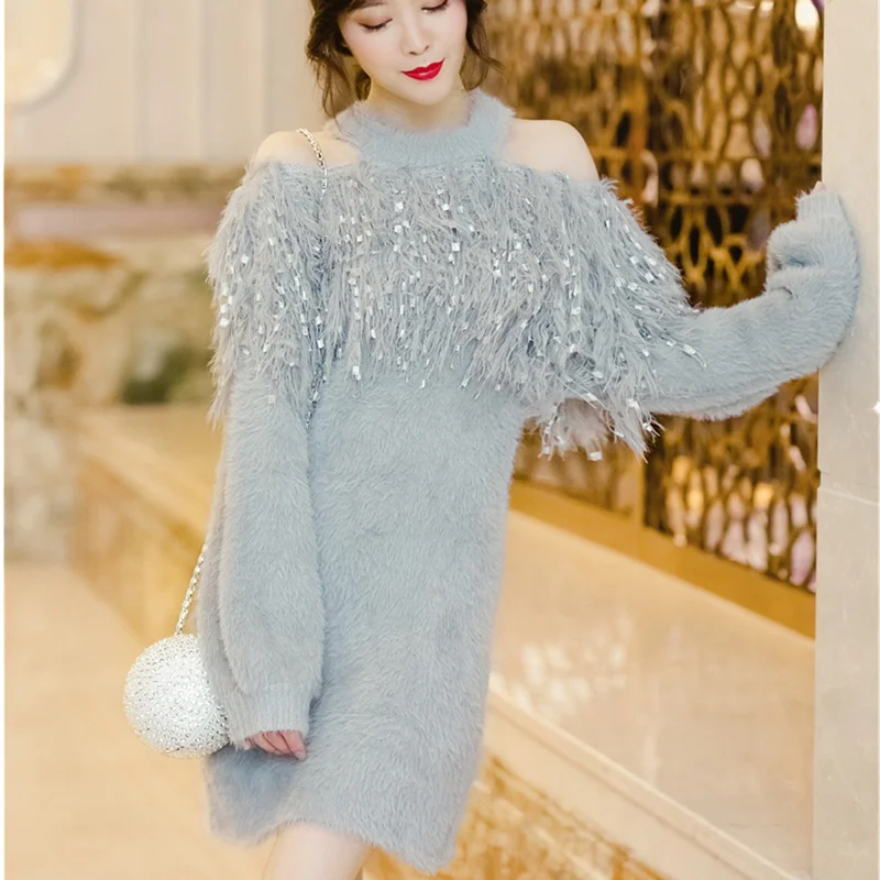 

Off Shoulder Sweater Dress Women 2018 Autumn Winter Halter Sexy Mini Dress Korean Fashion High Waist Mohair Tassel Knitted Dress