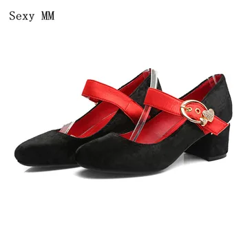 

Women Square Low High Heels Ankle Strap Office High Heel Shoes Woman Pumps Oxford Shoe Plus Size 34 - 40 41 42 43 High Quality