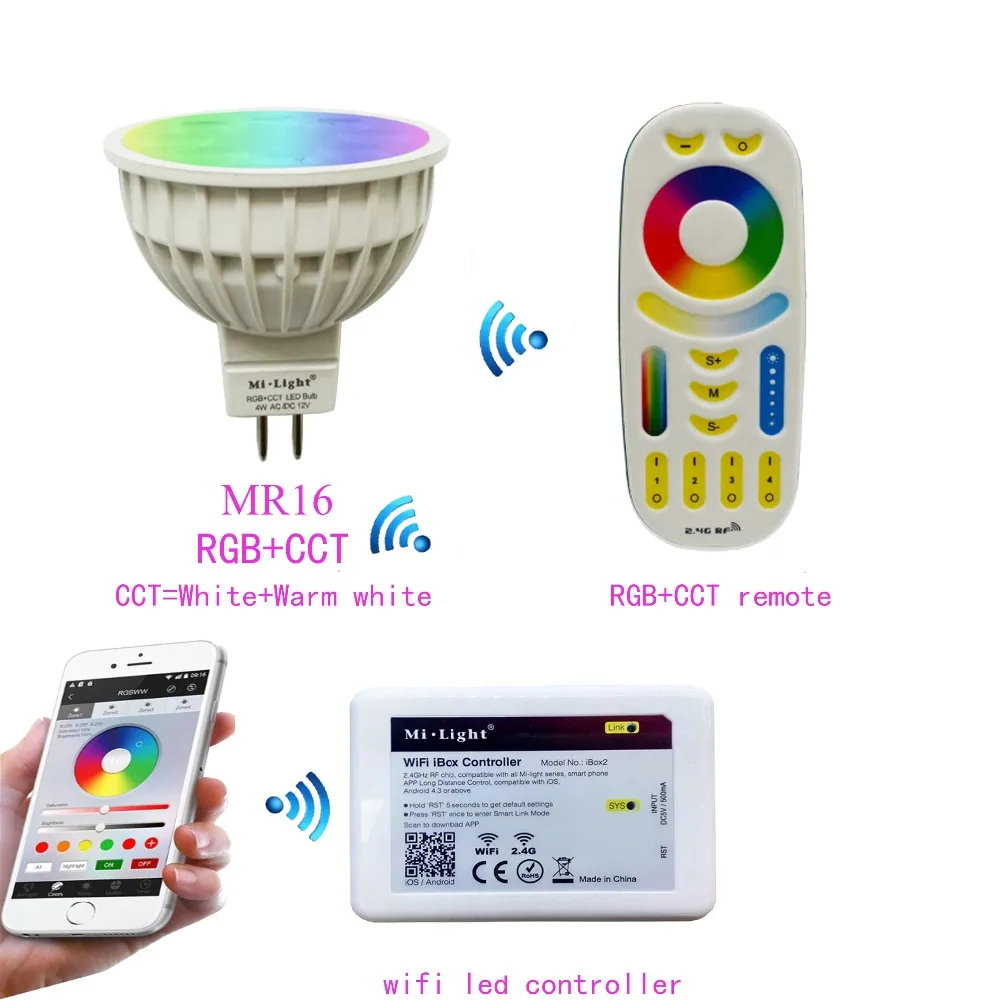 

Mi.light MR16 4W RGB+CCT Led Bulb Spotlight AC/DC 12V+2.4G WIFI Ibox2 Led Controller+RGB+CCT Remote Led Controller For Led Lamp