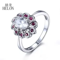 Helon Овальный Форма 6x4 мм белый топаз натуральный рубин Обручение обручальное кольцо Для женщин Fine Jewelry Кольцо Установка сплошной 10 К белого