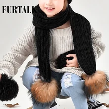 FURTALK детский вязаный шарф натуральный мех шарфы с помпонами для девочек и мальчиков CH021
