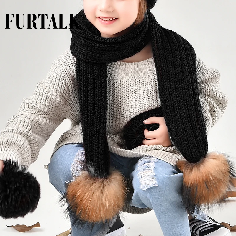 

FURTALK Children Knitted Scarf Real Fur Pompom Scarves for Girls and Boys CH021