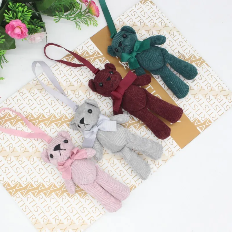 Corduroy Striped Bear Animal Stuffed Plush Toys Brown Bowknot Small Doll Car Bag Pendant Bouquet Wedding Decor Gift KeyChain