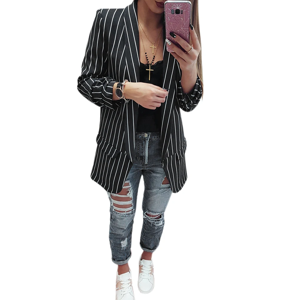 

Women Fashion Lapel Long Sleeve Black and White Striped Coats Jackets Ladies Casual Thin Slim Office Lady Cardigan Out