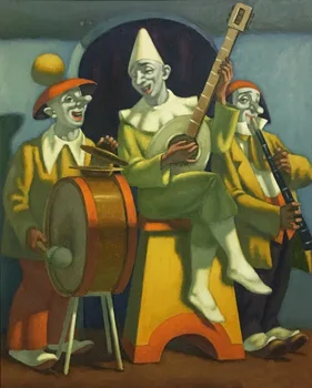 

SANDOR BASILIDES 20th c. Hungarian Clown Musicians#100% hand painted Oil painting on Canvas