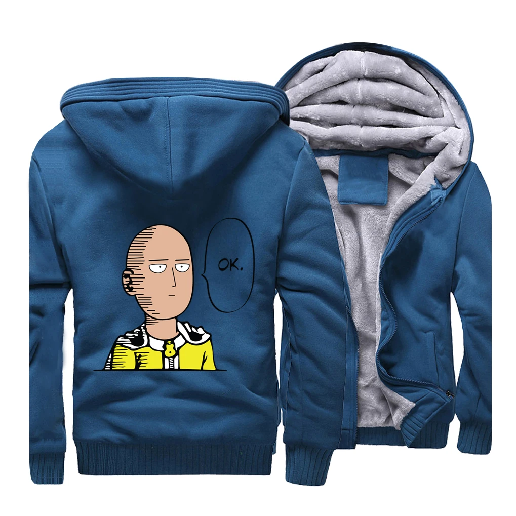 Японское аниме ONE PUNCH MAN Hero уличная толстовка с изображением Сайтама Мужская Флисовая Толстая спортивная куртка с капюшоном - Цвет: lake blue