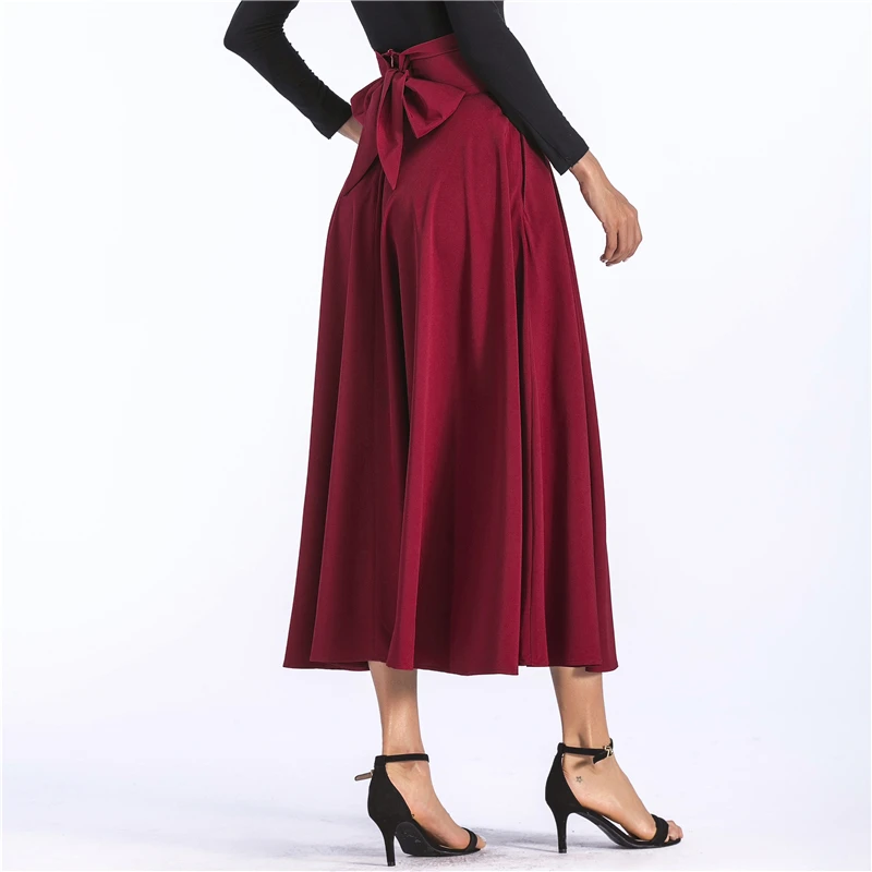 

2018 Women Long Maxi Bow Pleated Skirts Winter Basic Solid Gray Fahion Vintage High Waist Plus Size 4XL Muslim Longa Saia S8532