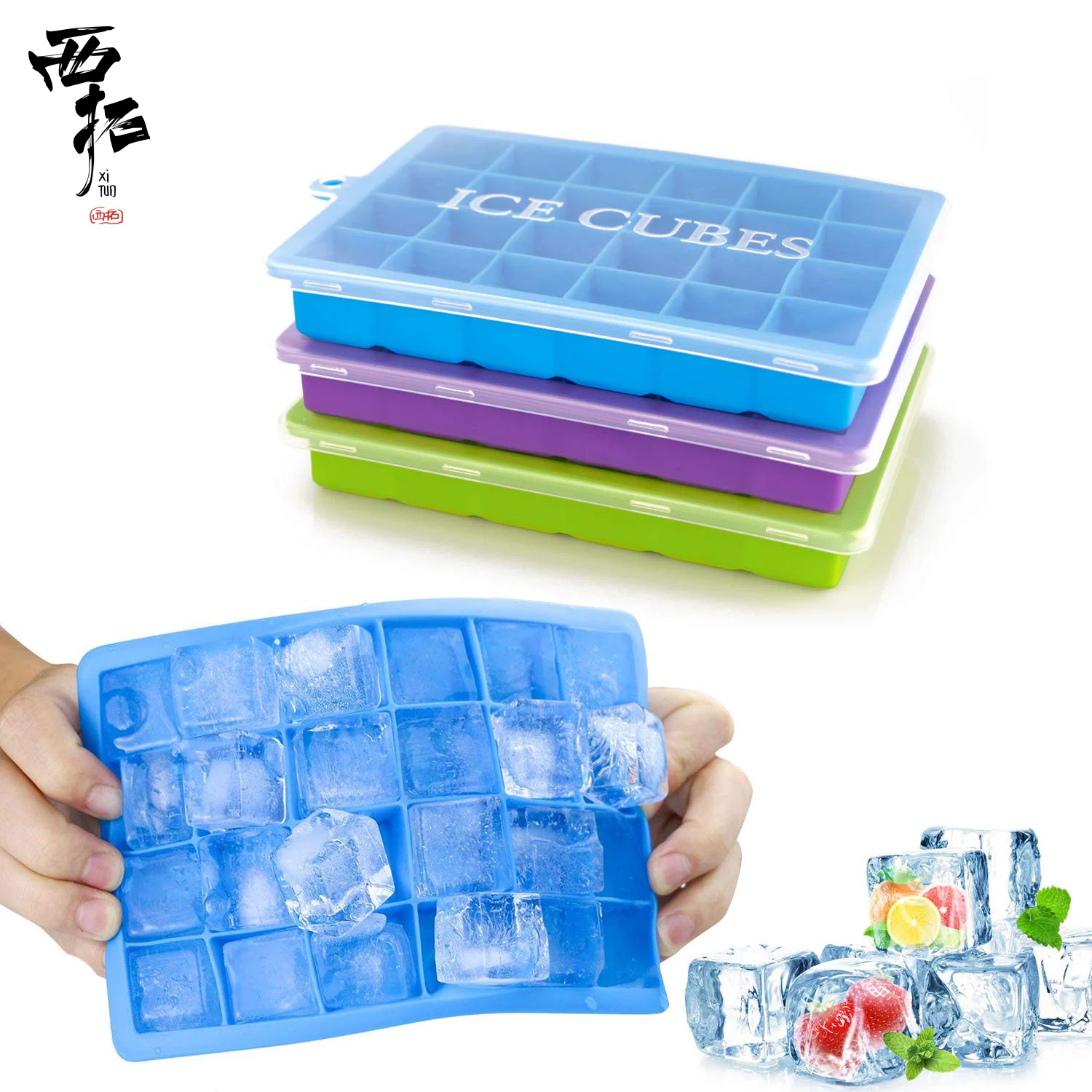 

XITUO Ice Cube Tray Silicone Ice Cube with Removable Cover Flexible Ice Cube Mold 4 Cube Cocktail Whiskey Baby Food Chocolate