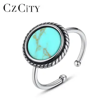 

CZCITY Retro Genuine 925 Sterling Silver Open Rings for Women Anniversary Fine Jewelry Round Turquoise Bague Femme Gifts SR0350