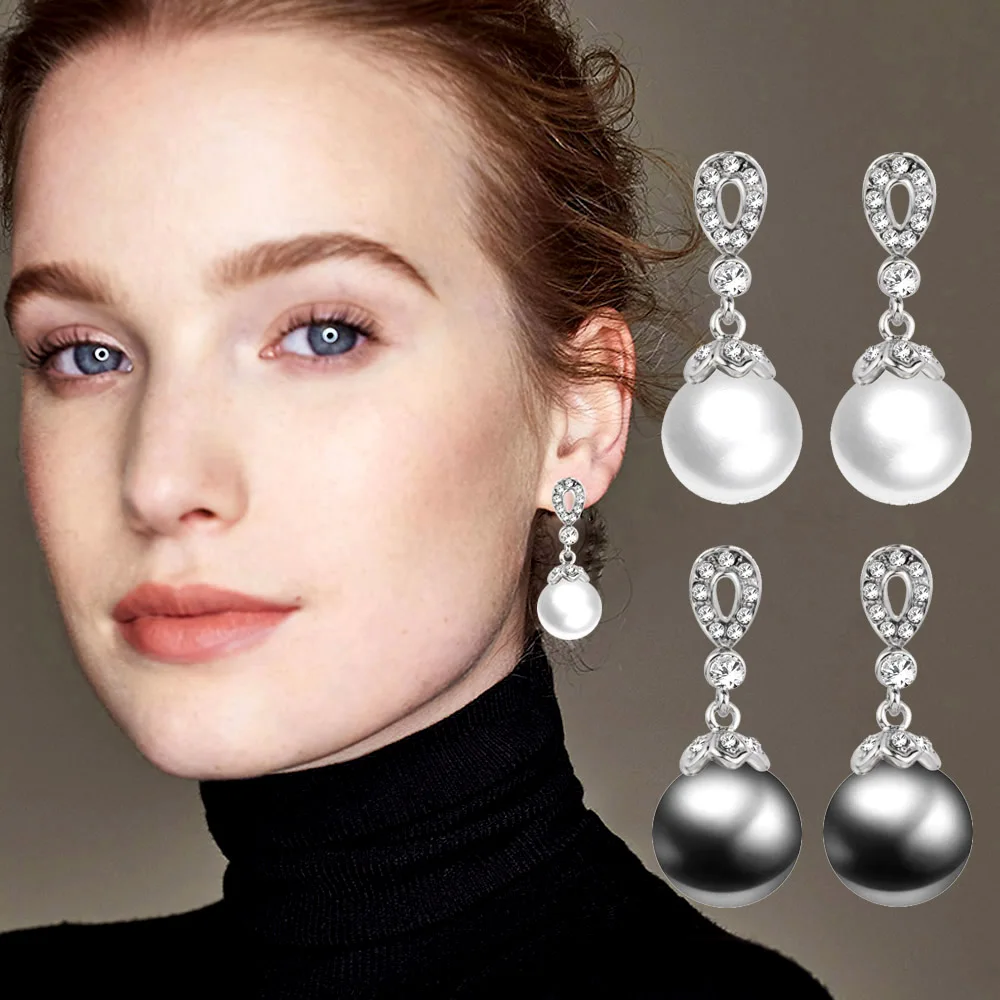 

SINLEERY Elegant White/Gray Imitation Pearl Drop Earrings With Rhinestone Wedding Jewelry For Women Gifts Es191 SSH