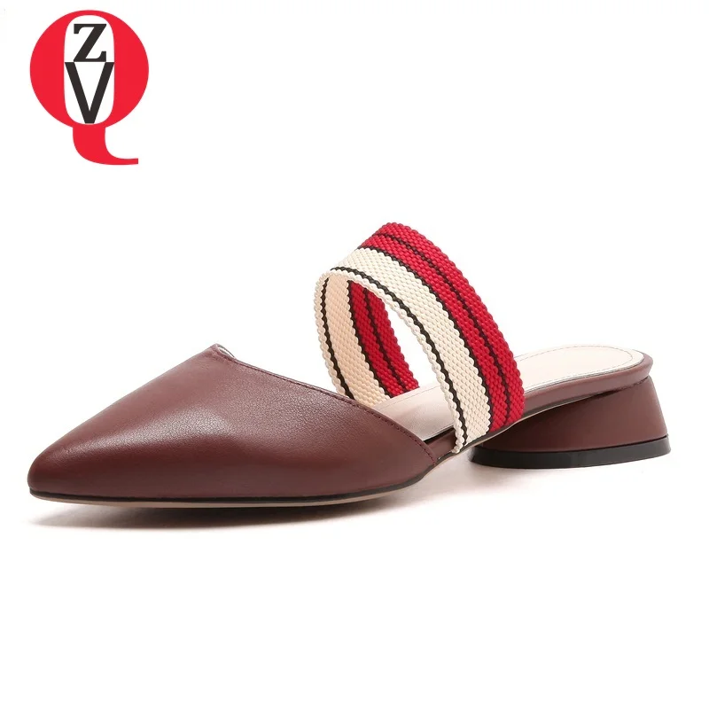 

ZVQ women slippers new genuine leather low strange style pointed toe shallow outside casual three colors lady mules shoes