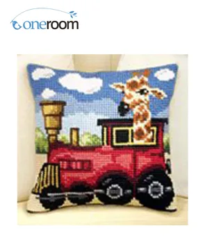 

n3TH CX0211 giraffe in train DIY Acrylic Yarn Embroidery Pillow Tapestry Canvas Cushion Front Cross Stitch Pillowcase