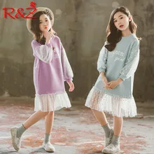 R& Z/Детское платье в году, весенне-осенний Детский свитер с надписями модное Сетчатое платье принцессы для девочек