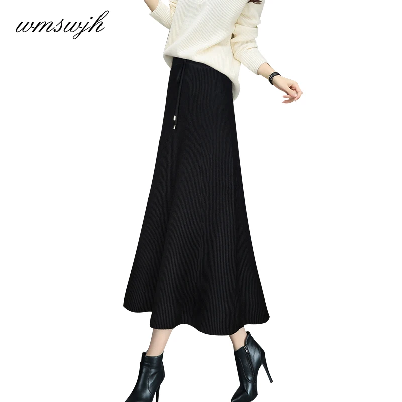 Женская трикотажная длинная юбка осень зима теплая трапециевидная макси юбки Эластичная Высокая Талия Длинные вязаные юбки женская повседневная юбка в складку