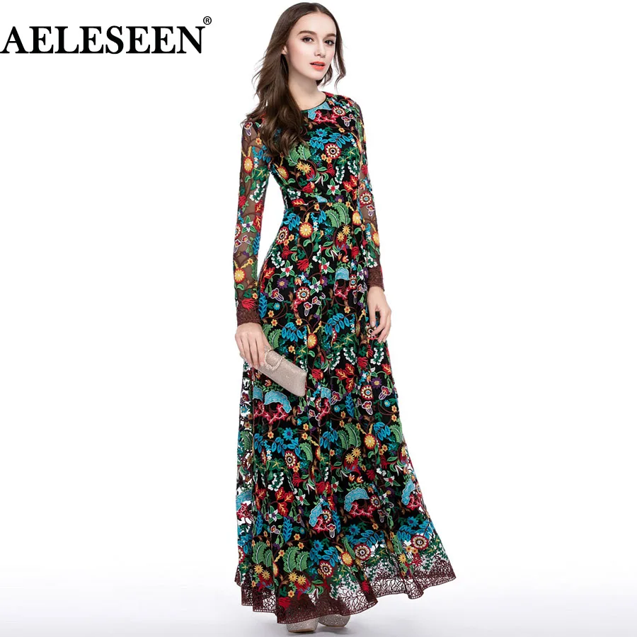 

Luxury Long Dresses 2018 Summer Runway Women New Fashion Full Sleeve Flower Embroidery Slim Vintage XXL Elegant Party Maxi Dress