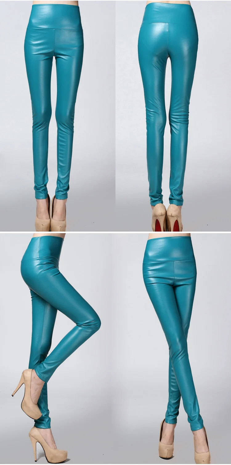 Autumn and winter large size with fleece PU color imitation leather leggings high waist tight leather trousers for women slim (30)
