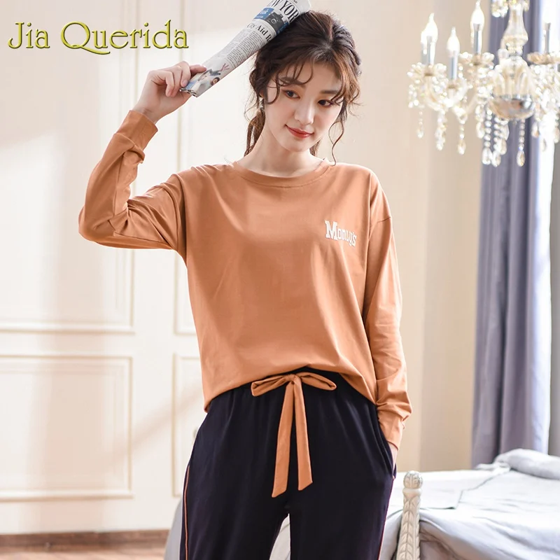 

J&Q Pyjamas Women 2019 Fashion 100% Cotton Pj Set Caramel Sleep Clothes Drawstring Pants Long Sleeves Plus Size Xxxl Home Suit
