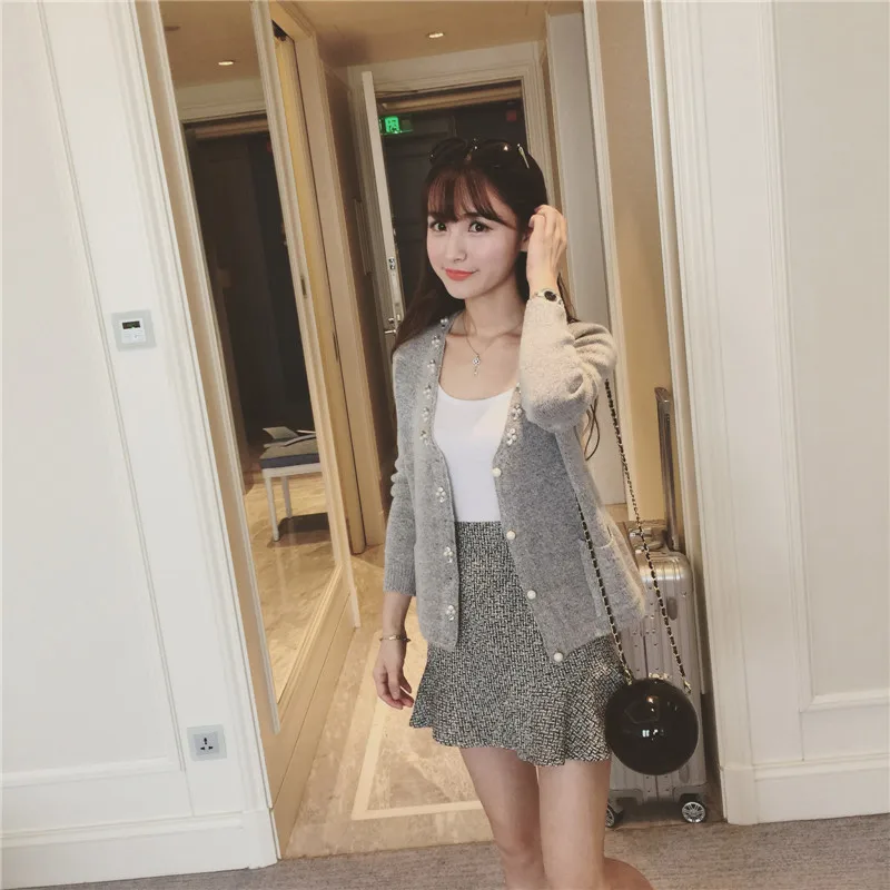 NiceMix 2017 Winter Elegant Cardigan Women Pearl Beading Slim Knitting Cardigans Pull Femme Casual Autumn Sweaters Coat