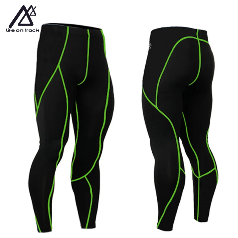 

Fitness Compression Apparel Men's Running Tights Anti-Sweat Long Cycling Bottom Green Line Sport Running Pants Leggings Hot Sale