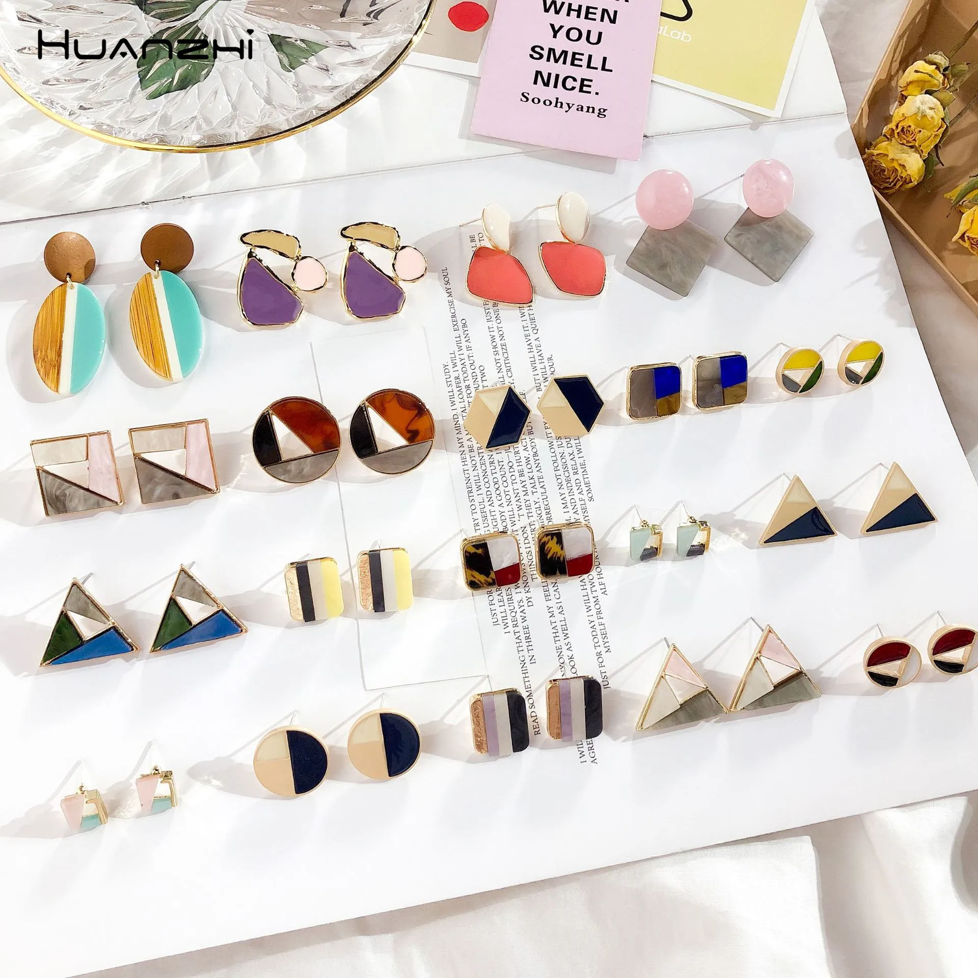 

HUANZHI Summer Geometric Colorful Contrast Color Metal Hollow Square Round Triangle Stud Earrings for Women Girls Jewelry Gifts