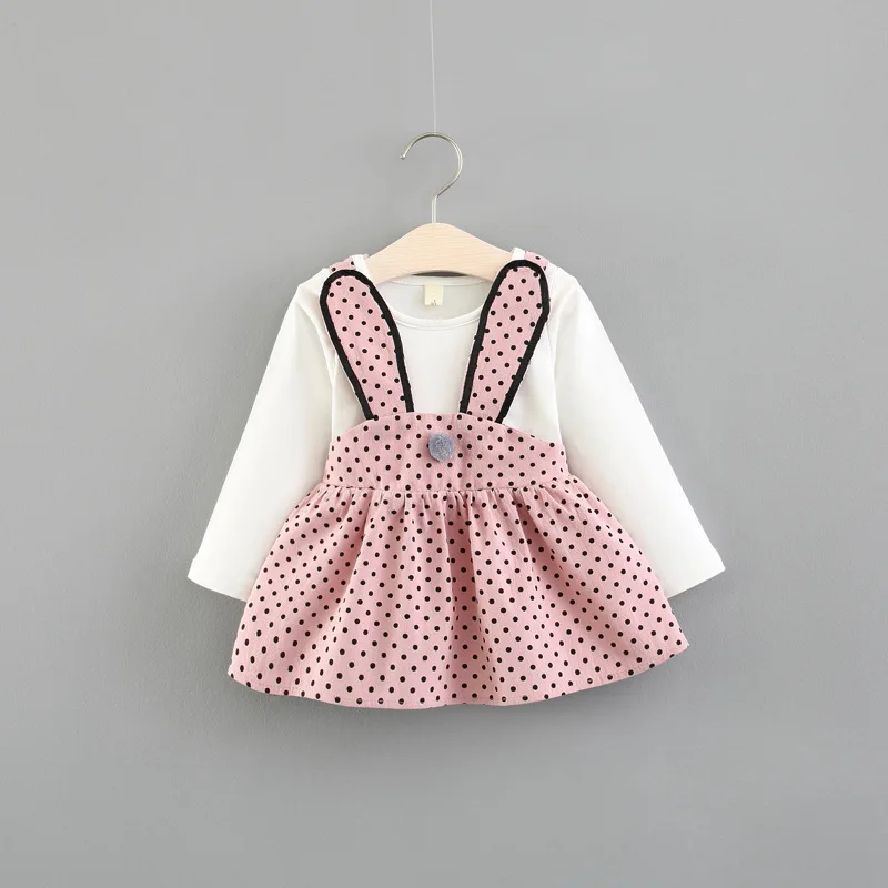 

Baby spring and autumn new girls cotton long-sleeved cartoon cute rabbit dress sweet dot print pettiskirt baby princess dress
