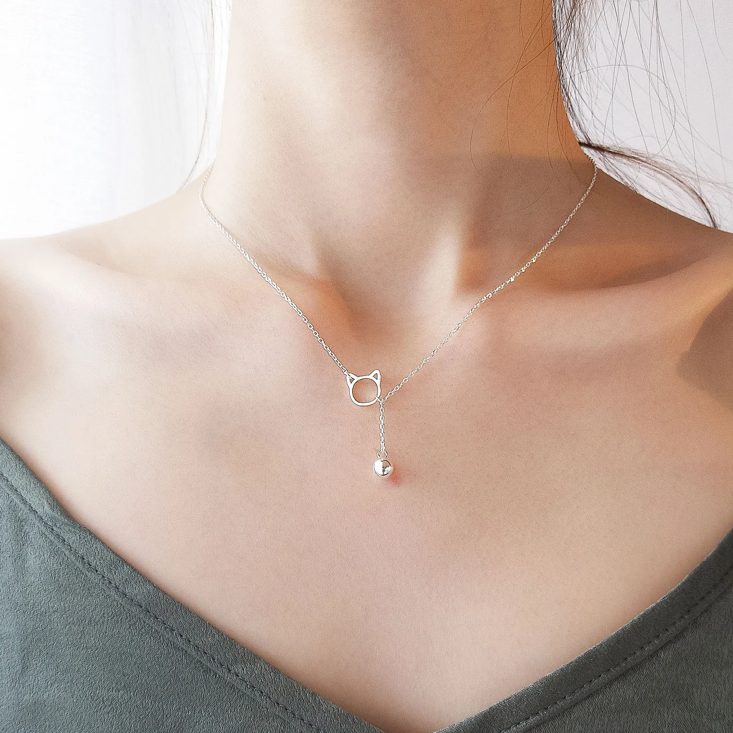 hollow cat bell necklace 100% 925 Sterling silver nacklace Jewellery Clavicle chain pendant charms