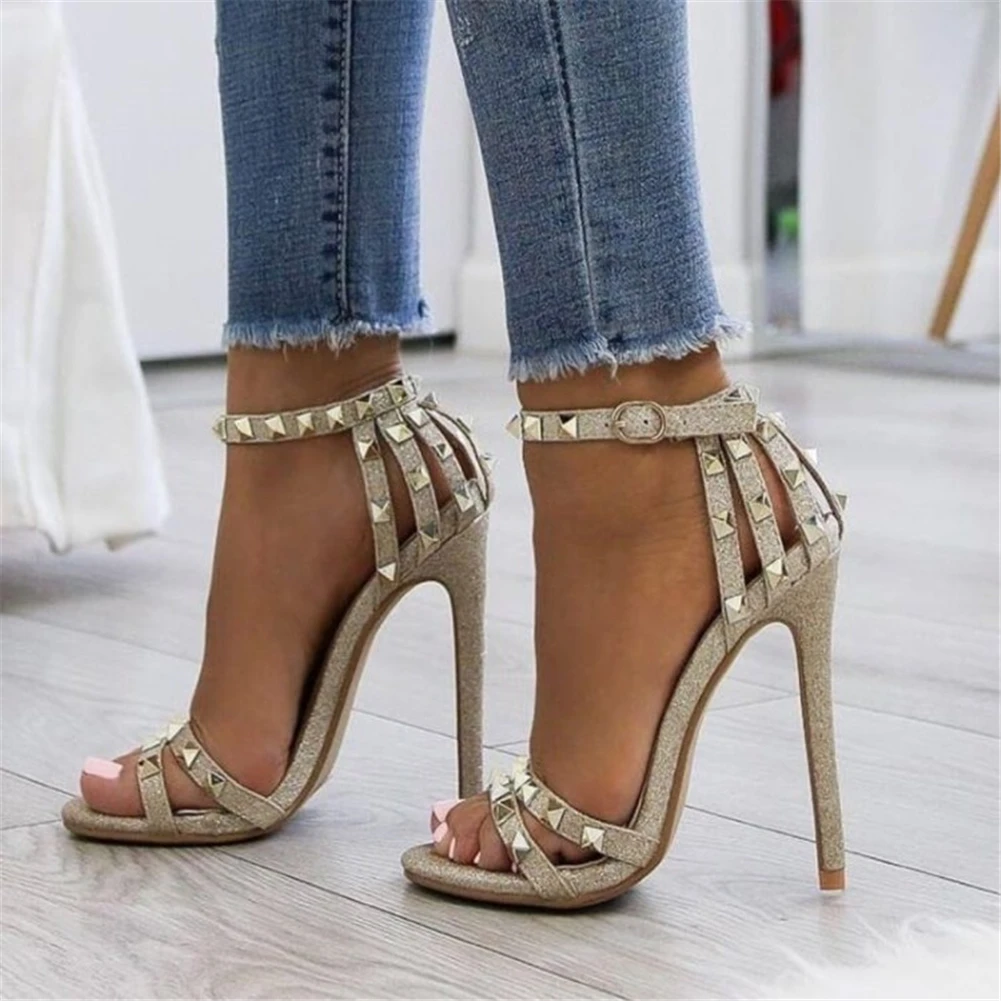 

RIBETRINI Brand Big Size 47 Sexy Thin High Heels Rivets Sandals Woman Bling Lady Summer Party ankle-strap Shoes Woman