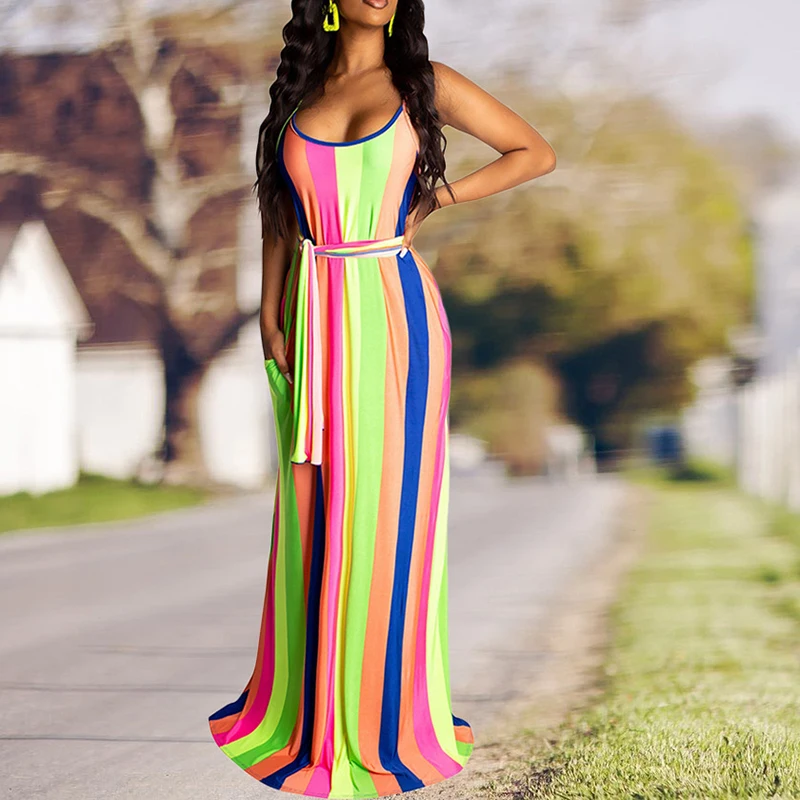 

XXL plus size striped printed long maxu dress with belt Spaghetti strap pocket summer dress 2019 Casual women dresses robe femme
