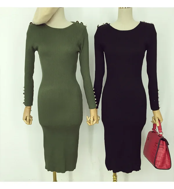 

Autumn Winter Women Knitted Mid-calf Dress Buttons Bodycon Clothing Elegant Ladies Woman Knitting Sheath Dresses