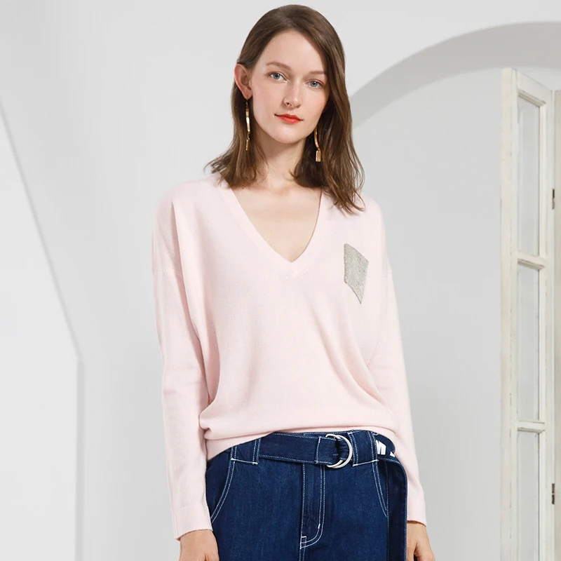 

100 Cashmere Sweater Women Deep V Neck Long Sleeve Autumn Sweaters And Pullovers 2019 Female Casual Knitted Jumpers Pull Femme